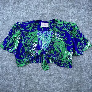 Harriets Crop Top Womens Small Blue Green Hawaiian Tie Front Beach Tropical